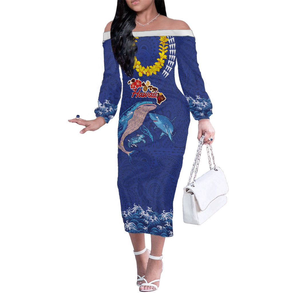 Hawaiian Sea Animals Family Matching Off The Shoulder Long Sleeve Dress and Hawaiian Shirt Whales Shark and Turtle Guardians with Tribal Pattern