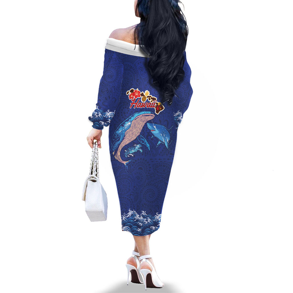 Hawaiian Sea Animals Family Matching Off The Shoulder Long Sleeve Dress and Hawaiian Shirt Whales Shark and Turtle Guardians with Tribal Pattern