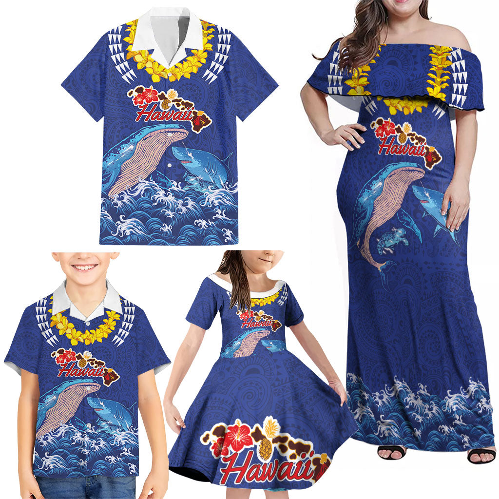 Hawaiian Sea Animals Family Matching Off Shoulder Maxi Dress and Hawaiian Shirt Whales Shark and Turtle Guardians with Tribal Pattern