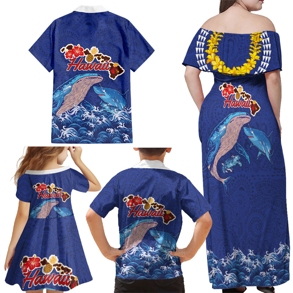 Hawaiian Sea Animals Family Matching Off Shoulder Maxi Dress and Hawaiian Shirt Whales Shark and Turtle Guardians with Tribal Pattern