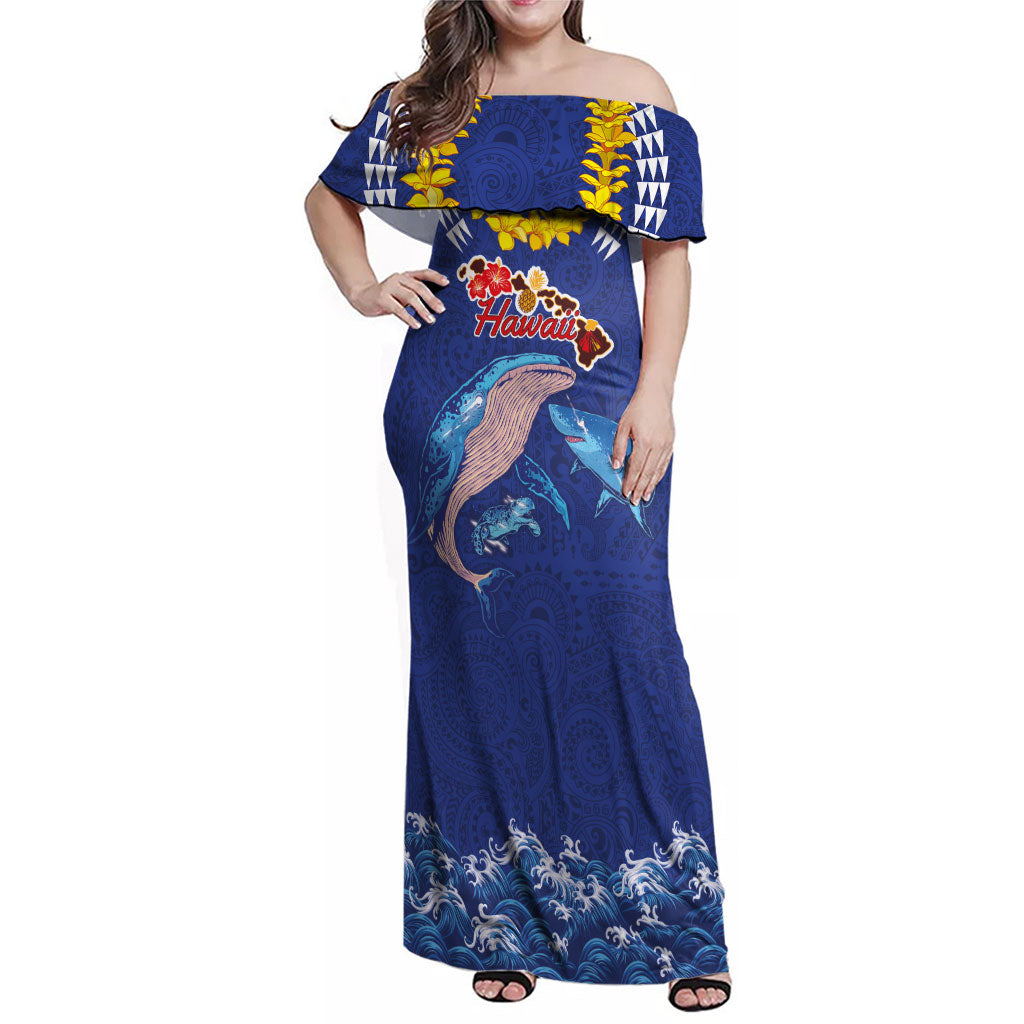 Hawaiian Sea Animals Family Matching Off Shoulder Maxi Dress and Hawaiian Shirt Whales Shark and Turtle Guardians with Tribal Pattern