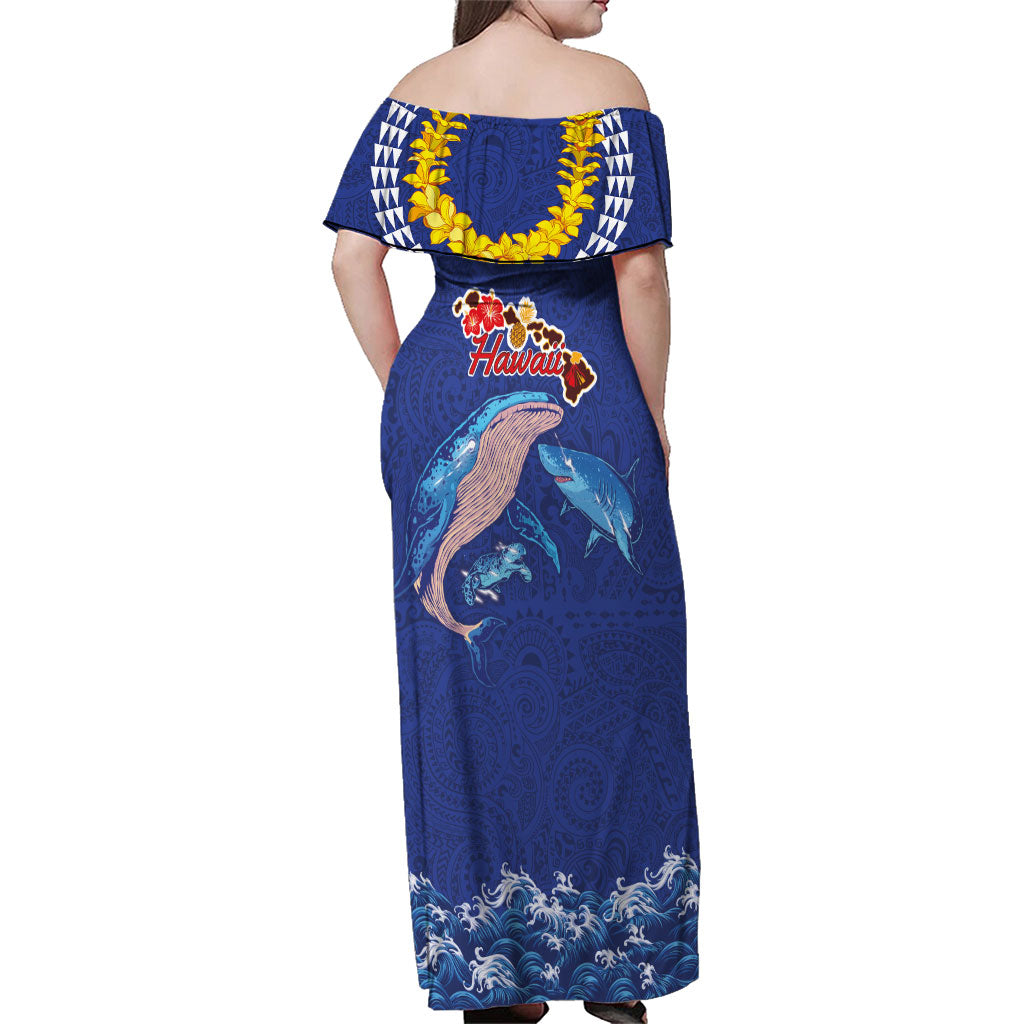 Hawaiian Sea Animals Family Matching Off Shoulder Maxi Dress and Hawaiian Shirt Whales Shark and Turtle Guardians with Tribal Pattern