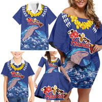 Hawaiian Sea Animals Family Matching Off Shoulder Short Dress and Hawaiian Shirt Whales Shark and Turtle Guardians with Tribal Pattern