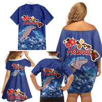 Hawaiian Sea Animals Family Matching Off Shoulder Short Dress and Hawaiian Shirt Whales Shark and Turtle Guardians with Tribal Pattern