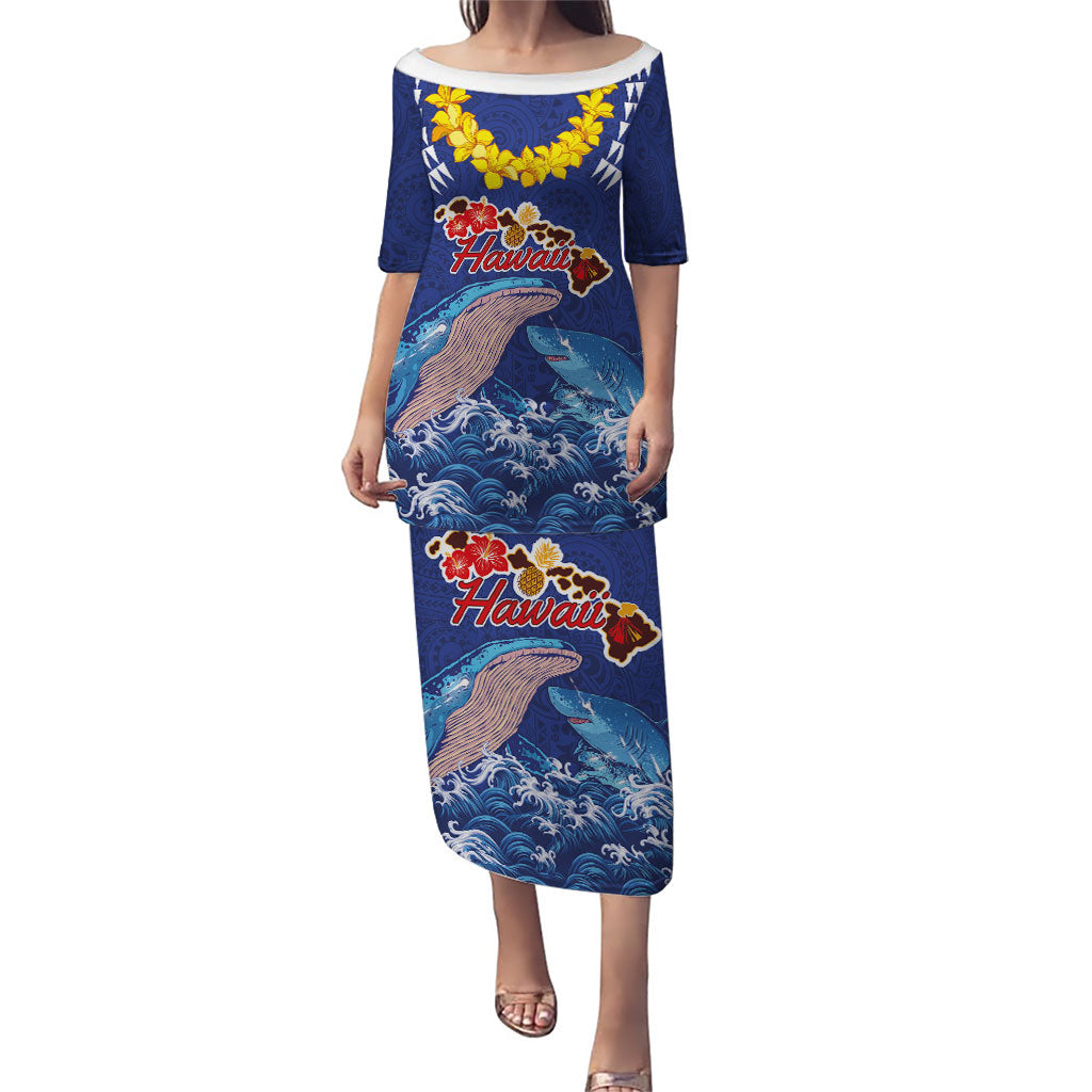 Hawaiian Sea Animals Family Matching Puletasi and Hawaiian Shirt Whales Shark and Turtle Guardians with Tribal Pattern