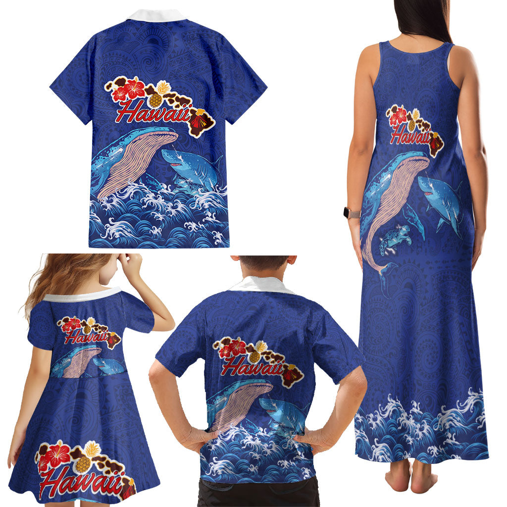 Hawaiian Sea Animals Family Matching Tank Maxi Dress and Hawaiian Shirt Whales Shark and Turtle Guardians with Tribal Pattern