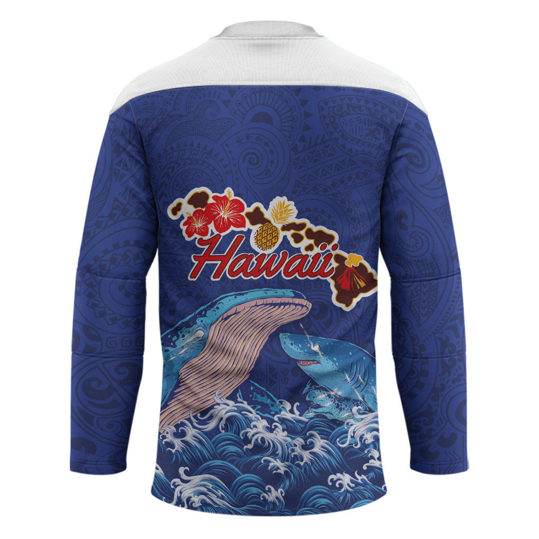 Hawaiian Sea Animals Hockey Jersey Whales Shark and Turtle Guardians with Tribal Pattern