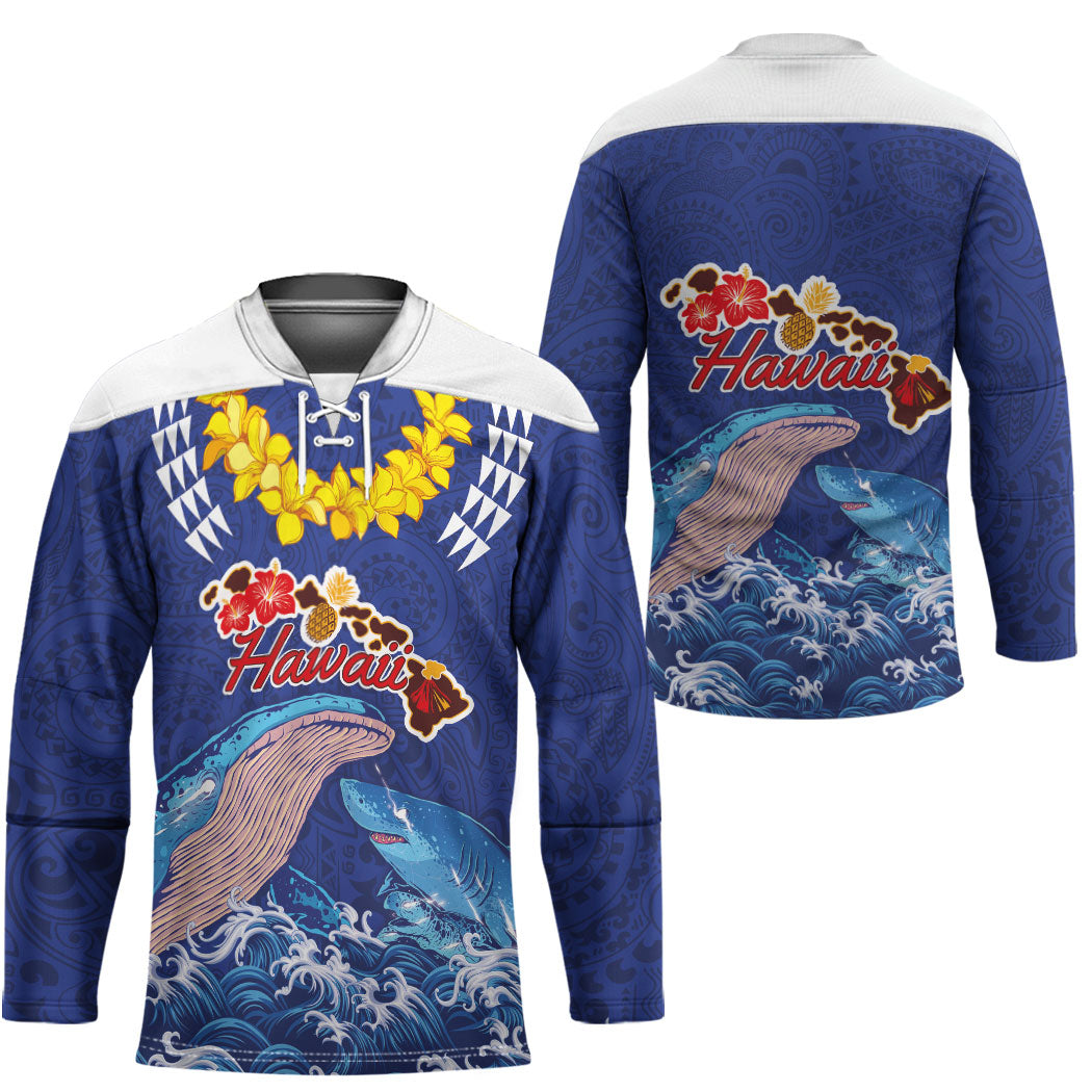 Hawaiian Sea Animals Hockey Jersey Whales Shark and Turtle Guardians with Tribal Pattern