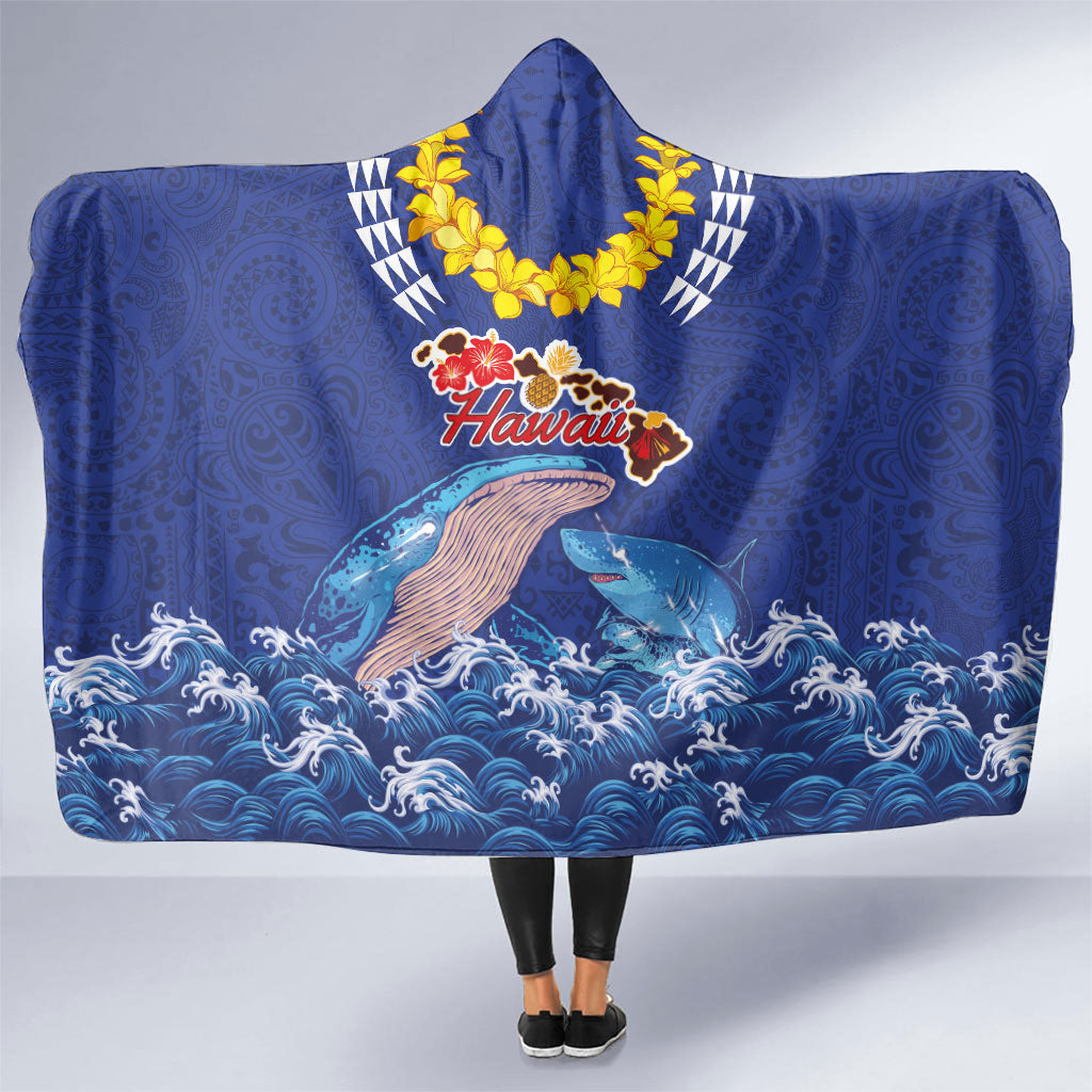 Hawaiian Sea Animals Hooded Blanket Whales Shark and Turtle Guardians with Tribal Pattern