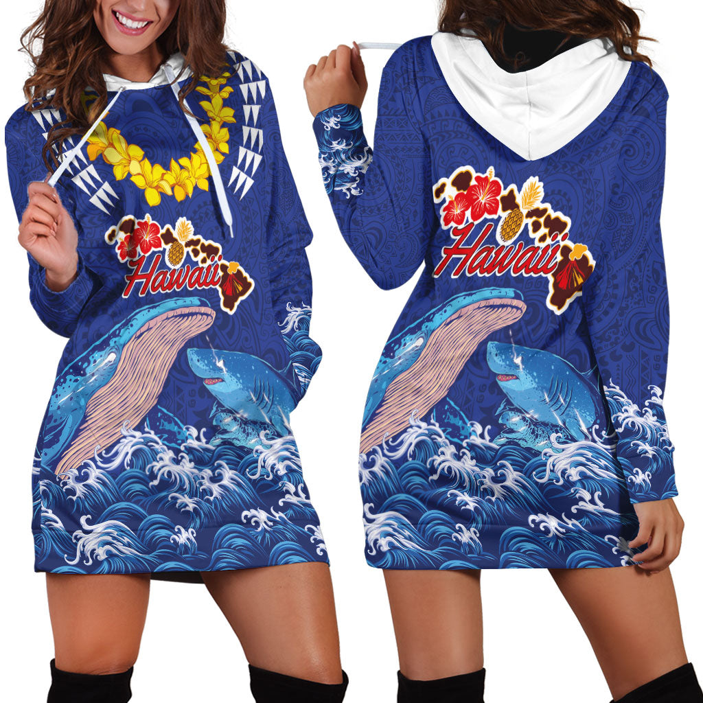 Hawaiian Sea Animals Hoodie Dress Whales Shark and Turtle Guardians with Tribal Pattern