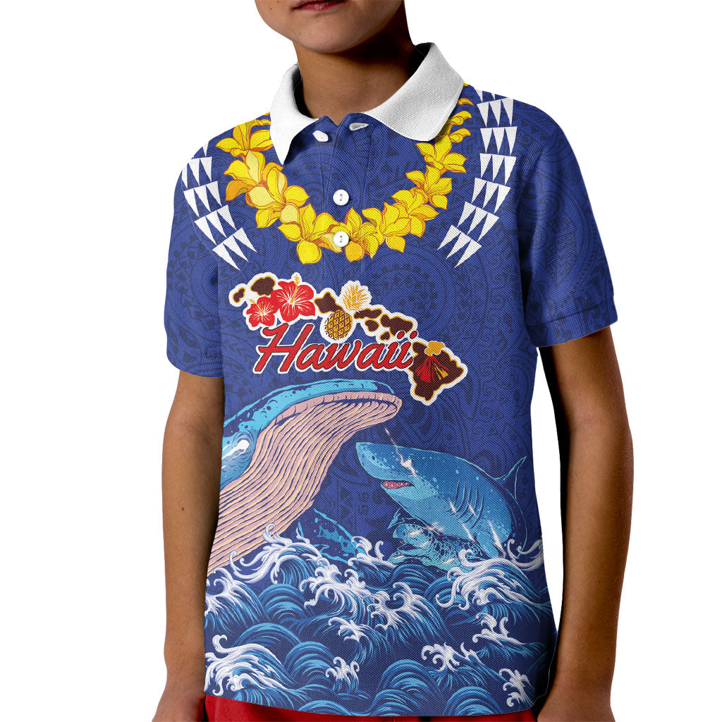 Hawaiian Sea Animals Kid Polo Shirt Whales Shark and Turtle Guardians with Tribal Pattern