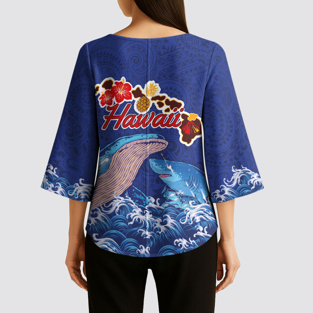 Hawaiian Sea Animals Kimono Sleeve Blouse Whales Shark and Turtle Guardians with Tribal Pattern