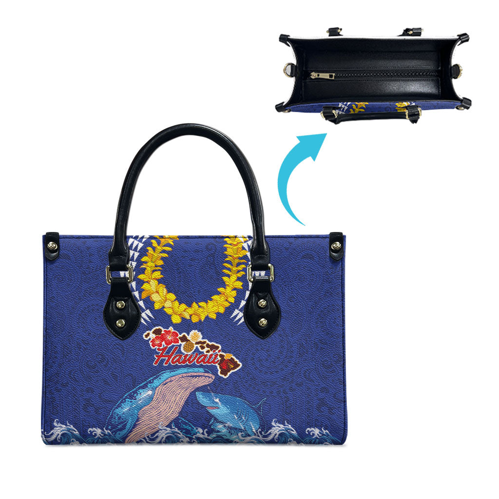 Hawaiian Sea Animals Leather Bag Whales Shark and Turtle Guardians with Tribal Pattern
