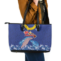 Hawaiian Sea Animals Leather Tote Bag Whales Shark and Turtle Guardians with Tribal Pattern