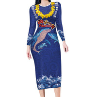 Hawaiian Sea Animals Long Sleeve Bodycon Dress Whales Shark and Turtle Guardians with Tribal Pattern