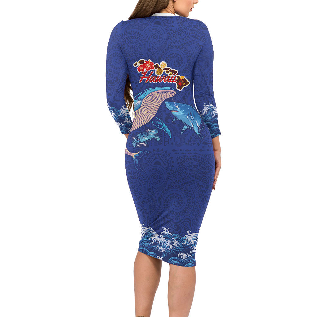 Hawaiian Sea Animals Long Sleeve Bodycon Dress Whales Shark and Turtle Guardians with Tribal Pattern