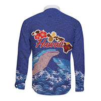 Hawaiian Sea Animals Long Sleeve Button Shirt Whales Shark and Turtle Guardians with Tribal Pattern