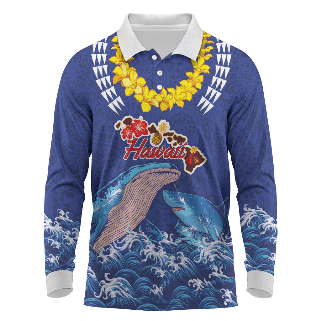Hawaiian Sea Animals Long Sleeve Polo Shirt Whales Shark and Turtle Guardians with Tribal Pattern LT03 Blue - Polynesian Pride
