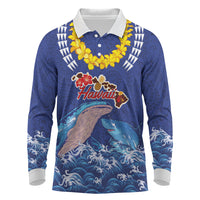 Hawaiian Sea Animals Long Sleeve Polo Shirt Whales Shark and Turtle Guardians with Tribal Pattern LT03 Blue - Polynesian Pride