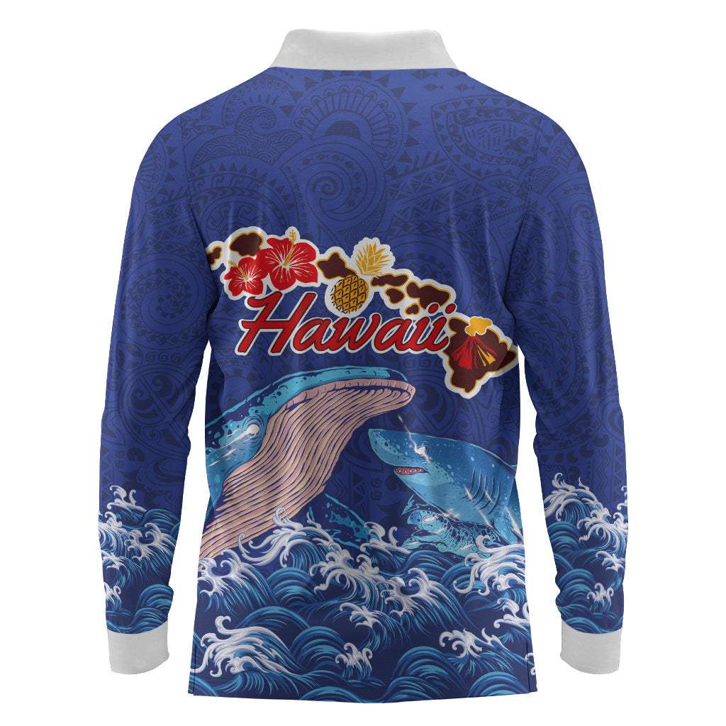 Hawaiian Sea Animals Long Sleeve Polo Shirt Whales Shark and Turtle Guardians with Tribal Pattern LT03 - Polynesian Pride