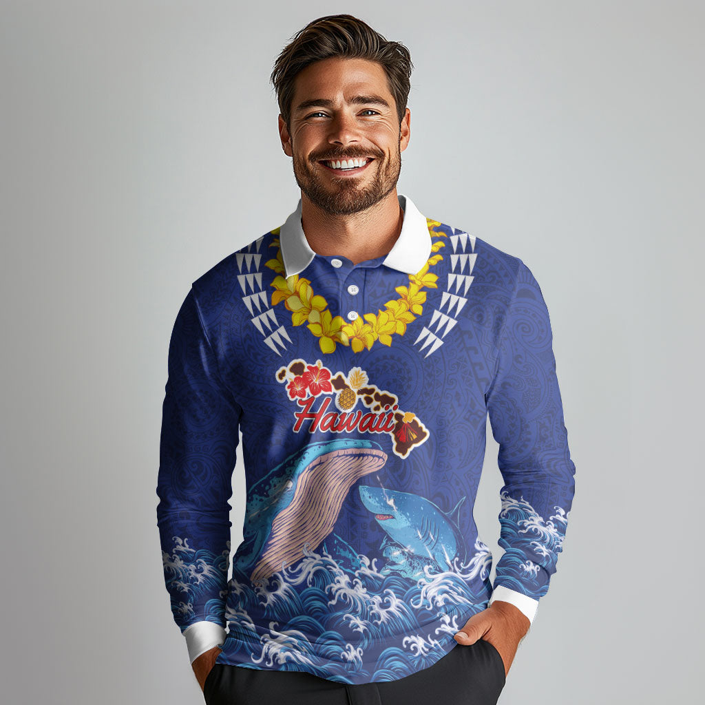 Hawaiian Sea Animals Long Sleeve Polo Shirt Whales Shark and Turtle Guardians with Tribal Pattern LT03 - Polynesian Pride