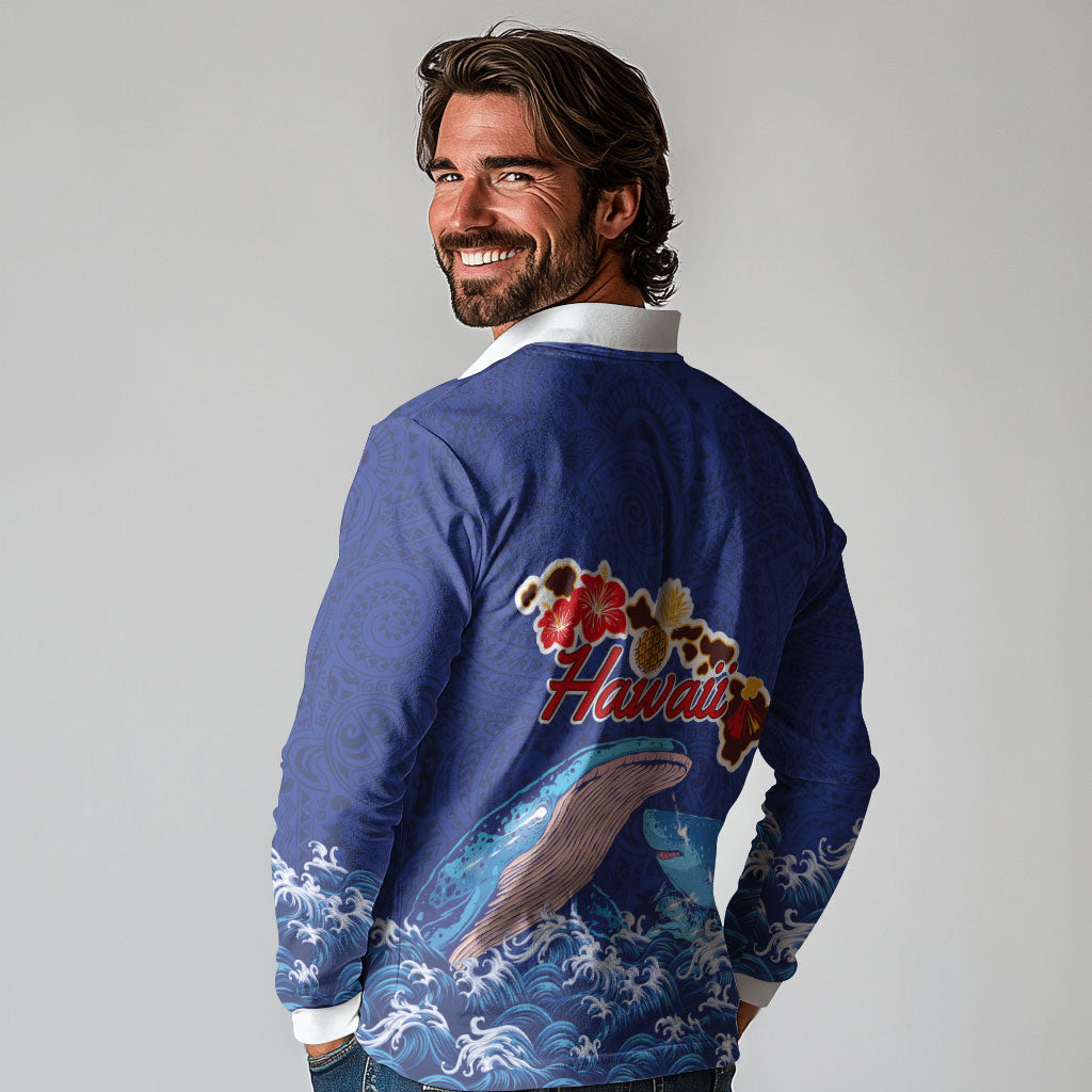 Hawaiian Sea Animals Long Sleeve Polo Shirt Whales Shark and Turtle Guardians with Tribal Pattern LT03 - Polynesian Pride
