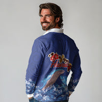 Hawaiian Sea Animals Long Sleeve Polo Shirt Whales Shark and Turtle Guardians with Tribal Pattern LT03 - Polynesian Pride