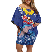 Hawaiian Sea Animals Off Shoulder Short Dress Whales Shark and Turtle Guardians with Tribal Pattern LT03 Women Blue - Polynesian Pride
