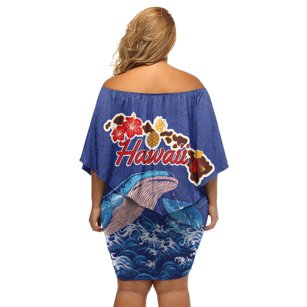 Hawaiian Sea Animals Off Shoulder Short Dress Whales Shark and Turtle Guardians with Tribal Pattern LT03 - Polynesian Pride
