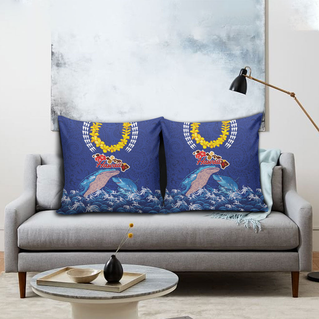 Hawaiian Sea Animals Pillow Cover Whales Shark and Turtle Guardians with Tribal Pattern