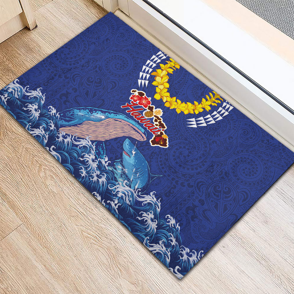 Hawaiian Sea Animals Rubber Doormat Whales Shark and Turtle Guardians with Tribal Pattern