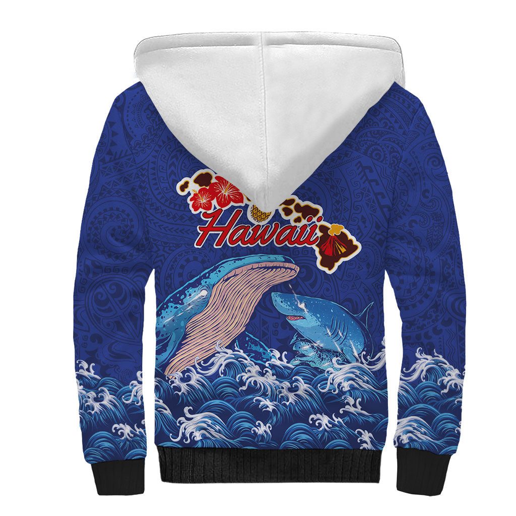 Hawaiian Sea Animals Sherpa Hoodie Whales Shark and Turtle Guardians with Tribal Pattern LT03 - Polynesian Pride