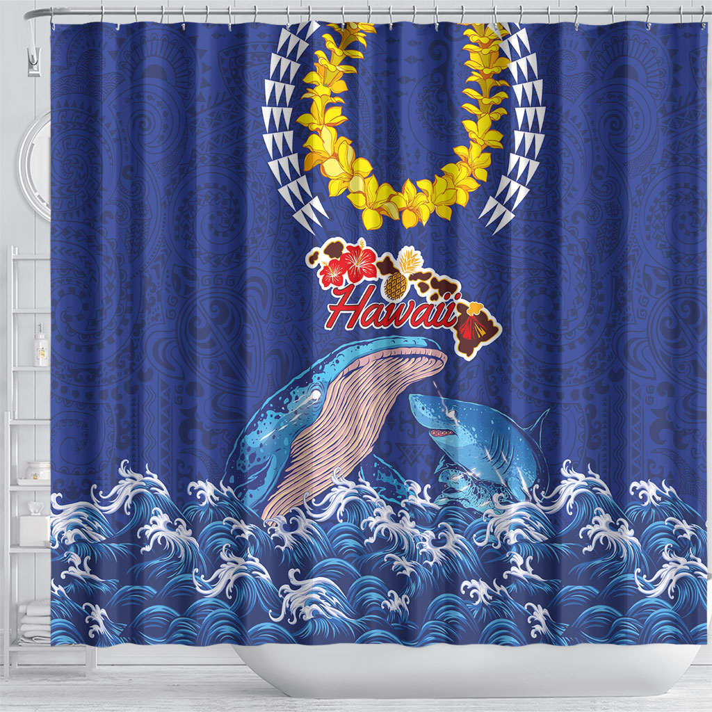 Hawaiian Sea Animals Shower Curtain Whales Shark and Turtle Guardians with Tribal Pattern