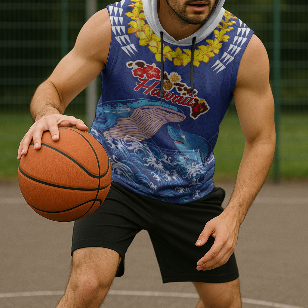 Hawaiian Sea Animals Sleeveless Hoodie Whales Shark and Turtle Guardians with Tribal Pattern