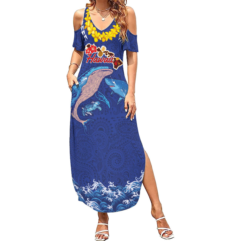 Hawaiian Sea Animals Summer Maxi Dress Whales Shark and Turtle Guardians with Tribal Pattern