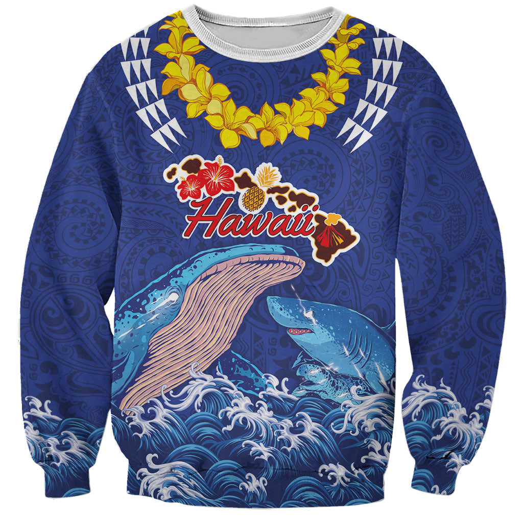 Hawaiian Sea Animals Sweatshirt Whales Shark and Turtle Guardians with Tribal Pattern