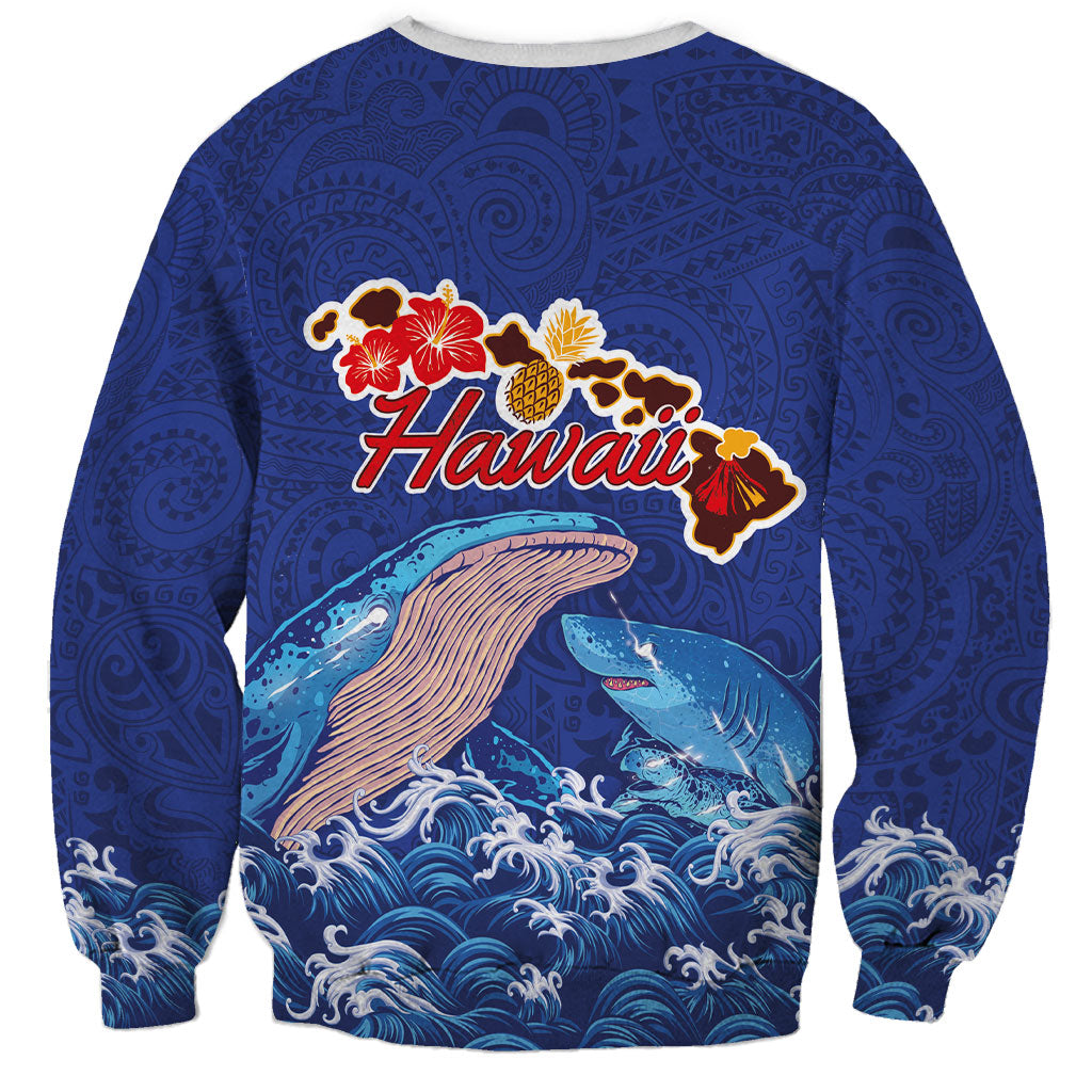 Hawaiian Sea Animals Sweatshirt Whales Shark and Turtle Guardians with Tribal Pattern
