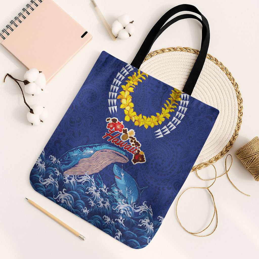 Hawaiian Sea Animals Tote Bag Whales Shark and Turtle Guardians with Tribal Pattern