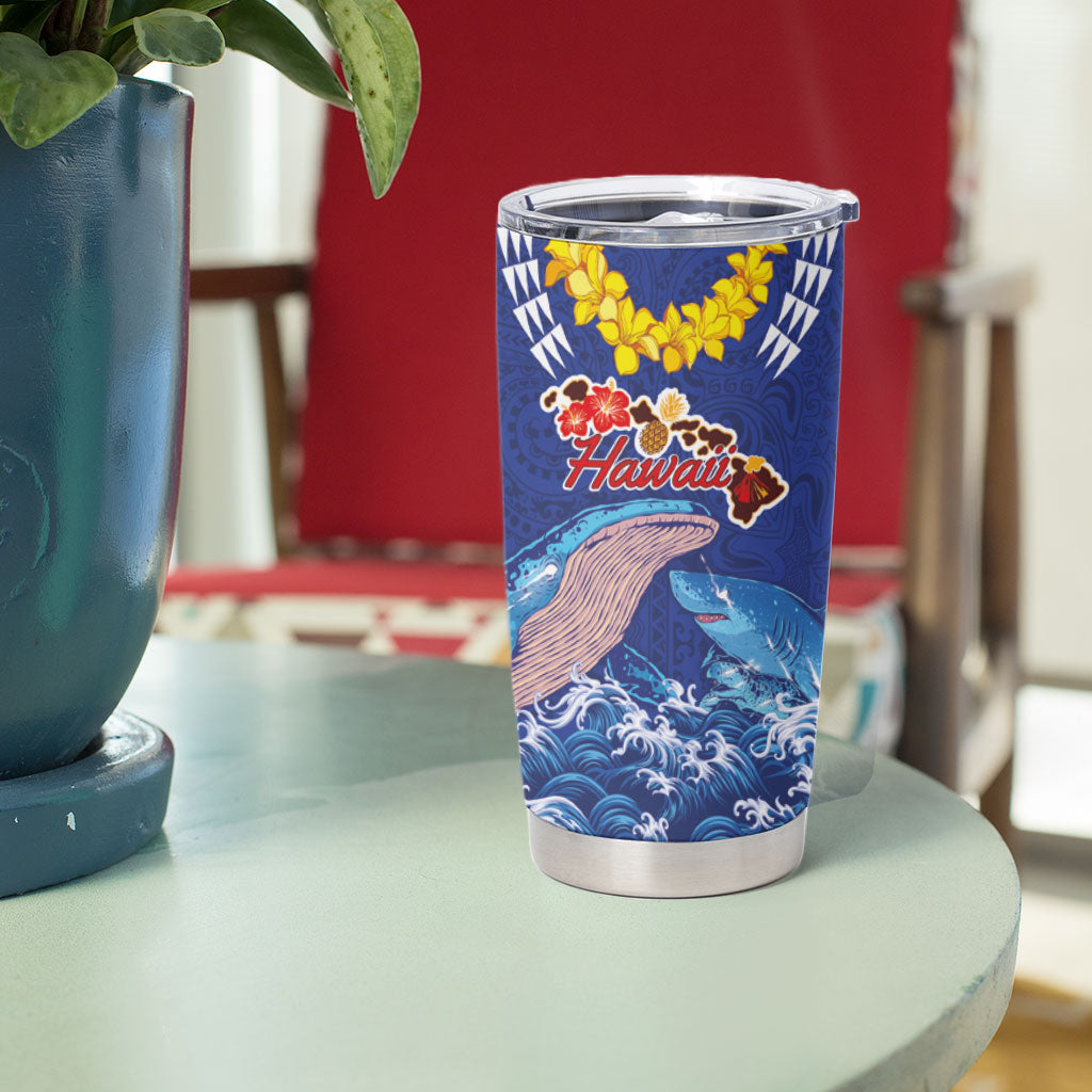 Hawaiian Sea Animals Tumbler Cup Whales Shark and Turtle Guardians with Tribal Pattern