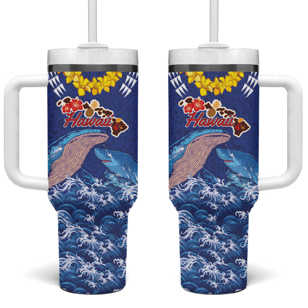 Hawaiian Sea Animals Tumbler With Handle Whales Shark and Turtle Guardians with Tribal Pattern