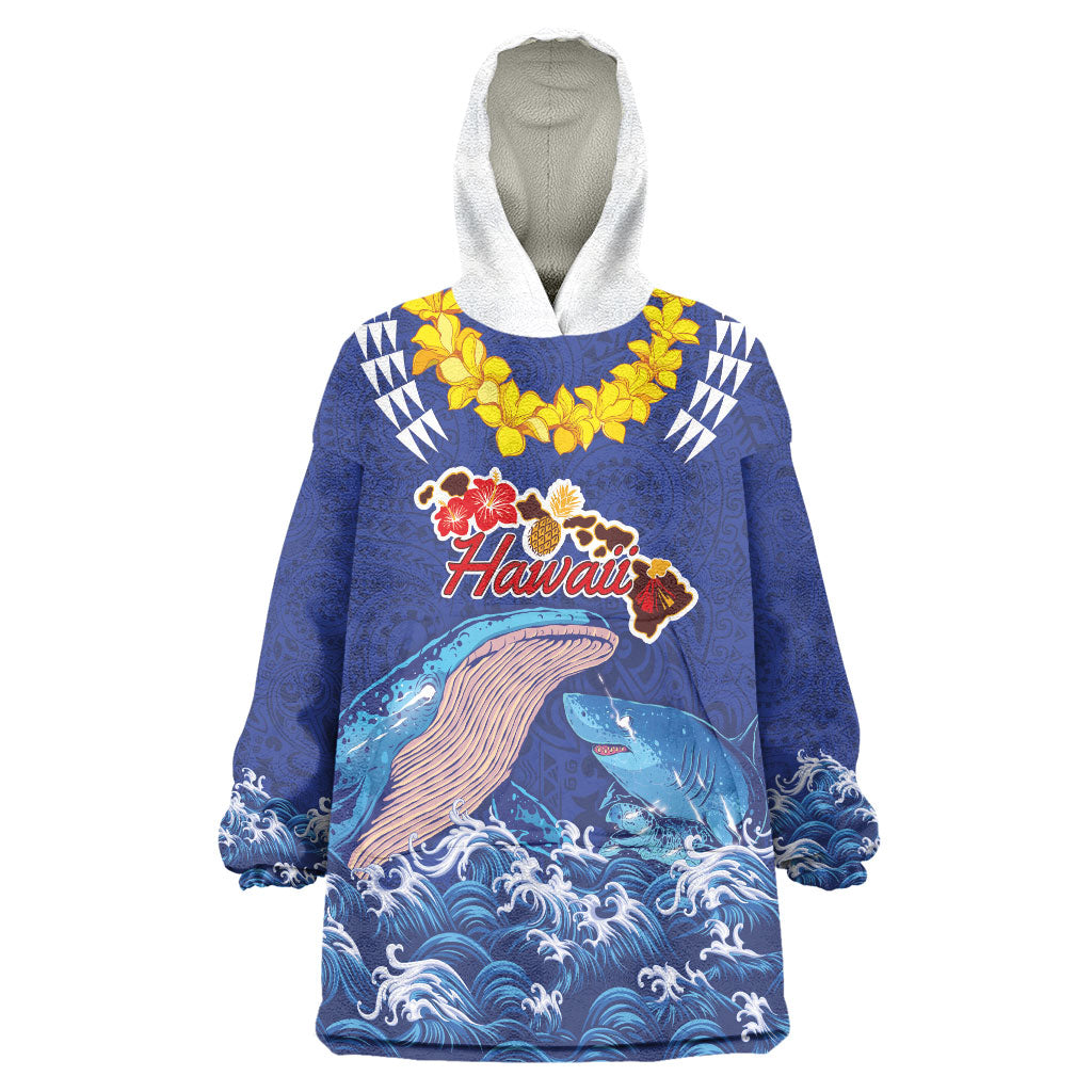 Hawaiian Sea Animals Wearable Blanket Hoodie Whales Shark and Turtle Guardians with Tribal Pattern