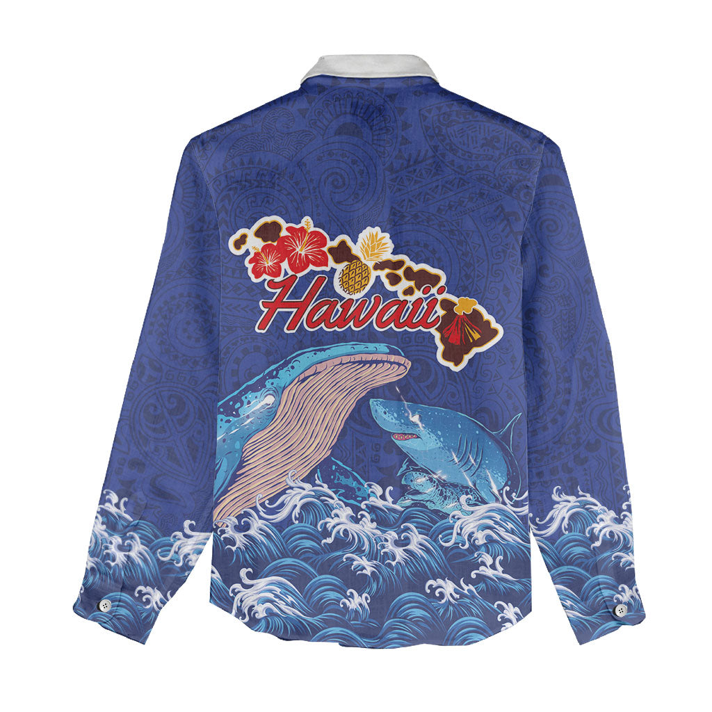 Hawaiian Sea Animals Women Casual Shirt Whales Shark and Turtle Guardians with Tribal Pattern