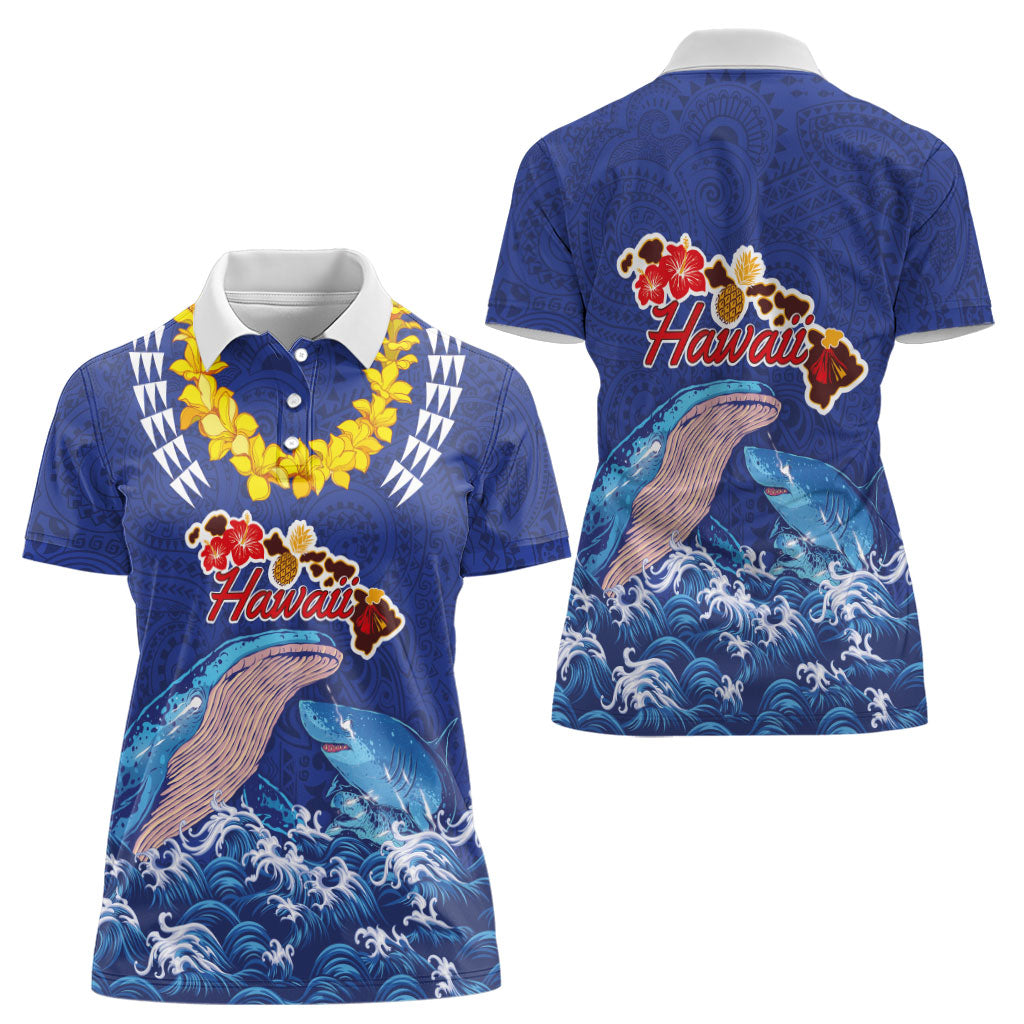 Hawaiian Sea Animals Women Polo Shirt Whales Shark and Turtle Guardians with Tribal Pattern