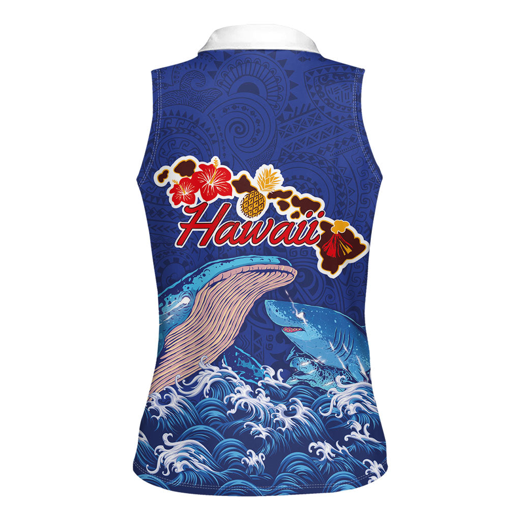 Hawaiian Sea Animals Women Sleeveless Polo Shirt Whales Shark and Turtle Guardians with Tribal Pattern