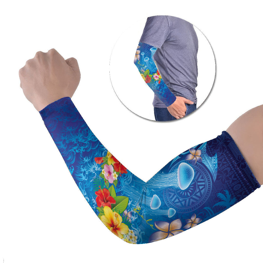 Fiji Jellyfish Arm Sleeves Tapa Patterns and Hibiscus Sea Vibe