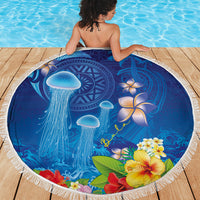 Fiji Jellyfish Beach Blanket Tapa Patterns and Hibiscus Sea Vibe