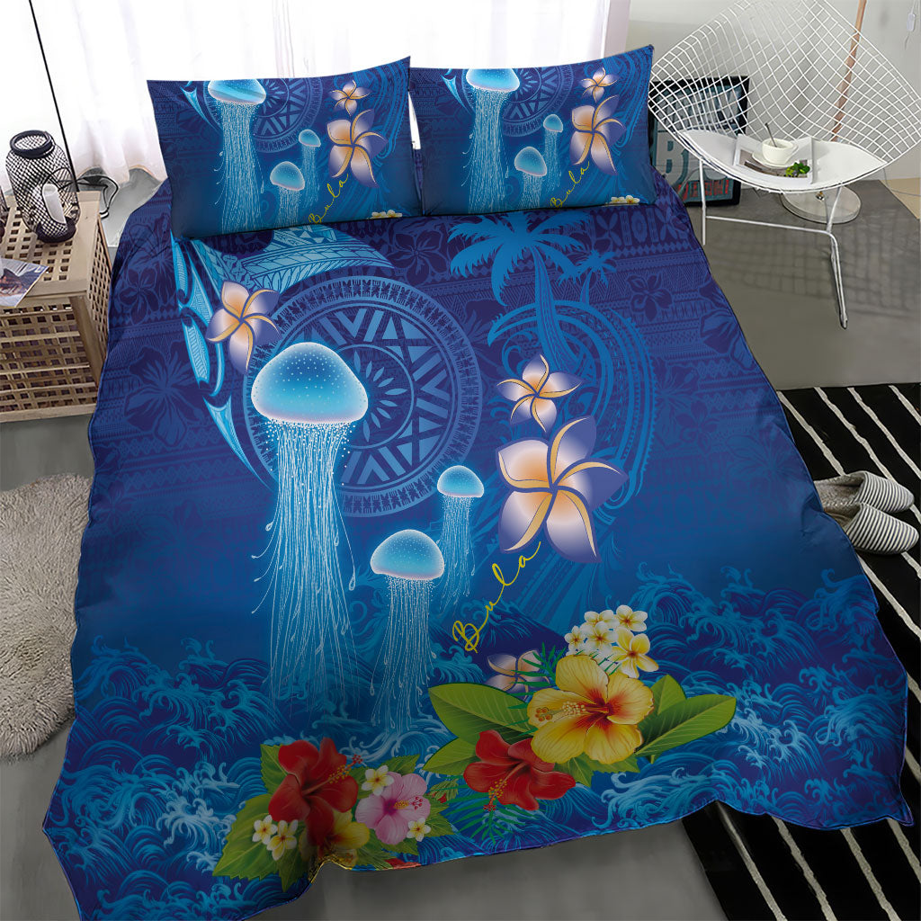 Fiji Jellyfish Bedding Set Tapa Patterns and Hibiscus Sea Vibe