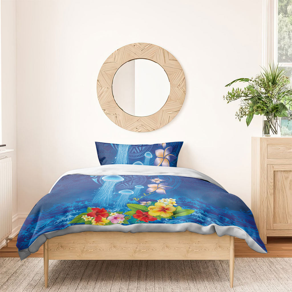 Fiji Jellyfish Bedding Set Tapa Patterns and Hibiscus Sea Vibe