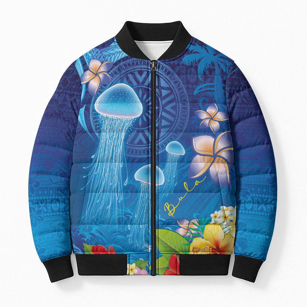 Fiji Jellyfish Bomber Puffer Jacket Tapa Patterns and Hibiscus Sea Vibe