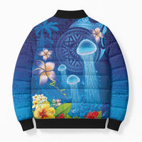Fiji Jellyfish Bomber Puffer Jacket Tapa Patterns and Hibiscus Sea Vibe